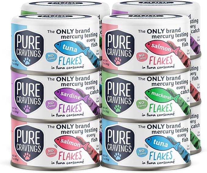 Flakes in Tuna Consommé, Canned Wet Cat Food Soup, 100% Mercury-Tested, Moist Can Fish, Grain-Free Protein, Non-GMO, 3oz, Variety Pack 3X Tuna, 3X Salmon, 3X Sardine, 3X Mackerel