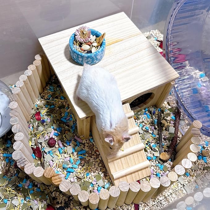 Wooden Hamster Hideout Gerbil House with Climbing Ladder and Window Habitats Decor Detachable Syrian Hamster Cage Accessories for Rat Gerbils and Other Small Pets