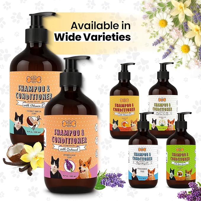 POM Pets 2 Pack 2-in-1 Organic Dog Shampoo & Conditioner – Itchy Skin Relief, Dog Deshedding, Detangles Fur, Cat Shampoo, Paw Cleaner for Dogs, Natural Coat Defense Formula