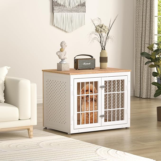 32" Heavy Duty Dog Crate Furniture for Small and Medium Dogs, Metal Kennel for High Anxiety Dogs, Chew Proof Pet Cage Indoor, Decorative Dog Kennel End Table, White