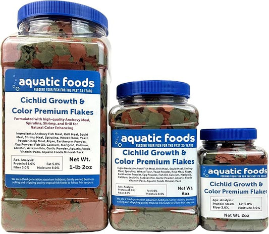 Aquatic Foods Inc. Premium Cichlid Growth and Color Enhancing Flakes with Spirulina, Color Enhancing Astaxanthin Also Pellet Mix, Wafer Mix Included…6oz