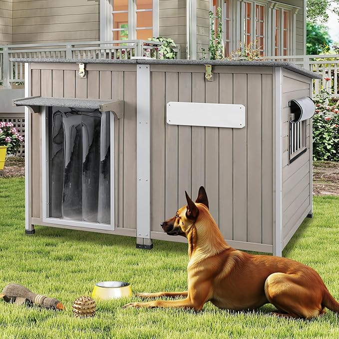 Weatherproof Outdoor Dog House, Wooden Puppy Shelter with Anti-Chewing Iron Frame and Elevated Floor, Sturdy Dog Kennel for Small, Medium & Large Dogs, Grey (Gray, 51" L x 29" W x 32" H)
