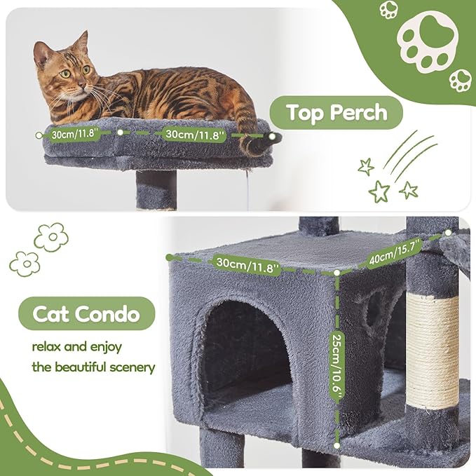 Taoqimiao MS042G Cat Tree,66-inch Large Cat Tower with Scratching Posts, Luxurious Large Platform for Big Cats with Soft Hammock, Adjustable Basket, Deluxe Cat Cando, Top Perch Smoke Gray