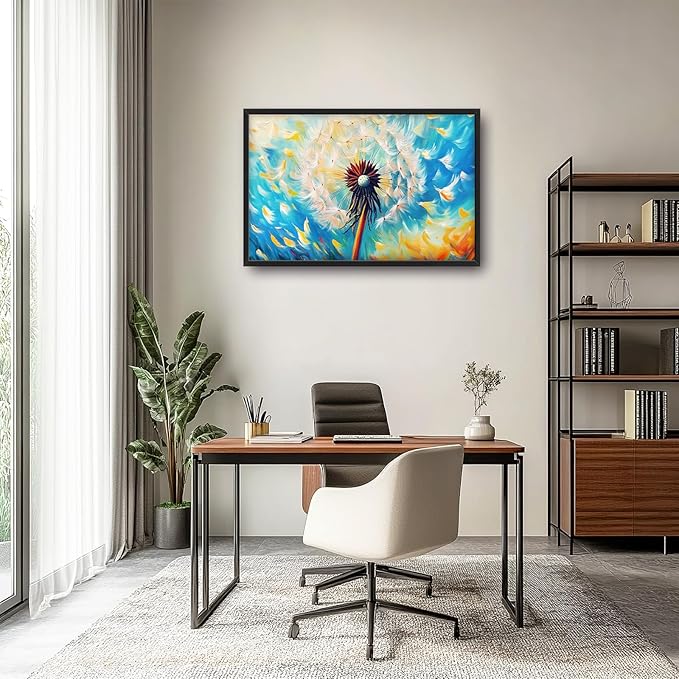 Extra Large Abstract Dandelion Framed Wall Art for Living Room,Oversized Colorful Dandelion Flower Pictures Wall Decor,Blue Canvas Print Painting Modern Artwork Bedroom Office Bathroom 36L" x 24W"
