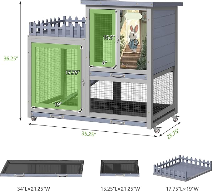 COZIWOW Double Layers Durable 38In Rabbit Hutch Indoor on Wheels, Small Animal Houses Habitat, Rolling Large Bunny Cage Outdoor with Removable Tray, Ramp, Two Story Bunny Cage(Grey with Pattern)