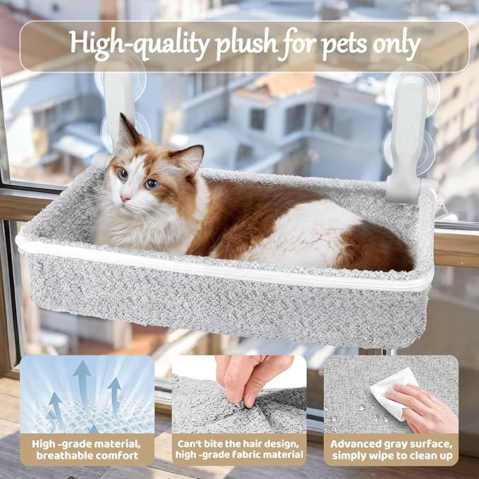 Cat Window Perch & Hammock - Exquisite Sofa Fabric, Safe & Comfortable Design with 4 Strong Suction Cups - Ideal for Large Cats (High Grade Gray, Large)