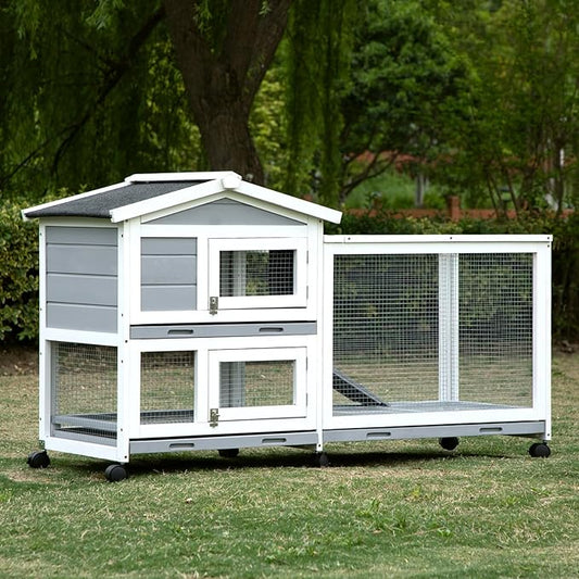 Rabbit Hutch, Indoor Cage Outdoor Two Story Bunny with Asphalt Roof Guinea Pig with Removable No Leaking Tray, Ramp, Pet House for Small Animals