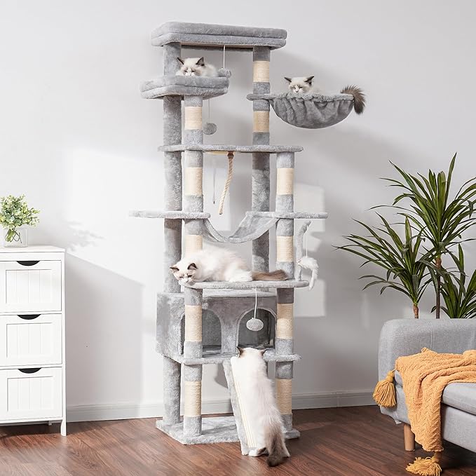 Heybly Tall Cat Tree, 78-inch Multi-Level Cat Tower for Indoor Cats, 2 Widened Plush Perches Cat Condo with Scratching Board and Big Caves, Light Gray HCT033W