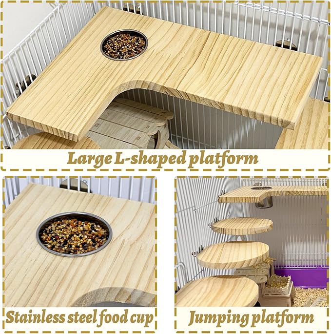 8 Pcs Wooden Hamster Cage Platform Set Wood Juvenile Chinchilla Shelves, Squirrel L-Shape Corner Ledge with Hole Cooling Standing Board Rat Cage Accessories for Gerbil Small Animal Climbing
