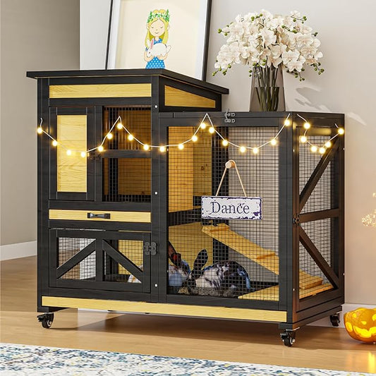 40'' Rabbit Cage Bunny Cage Indoor, Outdoor Rabbit Hutch for Small Animals, 2-Story Wooden Guinea Pig Cages with Wheels & 2 Deeper No Leak Trays, Waterproof Openable Roof & Bottom Wire Mesh