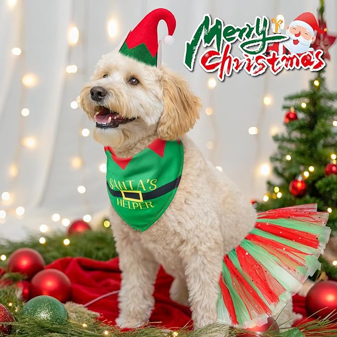 SCENEREAL Christmas Dog Bandana Dress with Hat Set, Pet Santa Costume for Small Medium Sized Dogs, Cute Tutu Skirt Outfit for Party Halloween