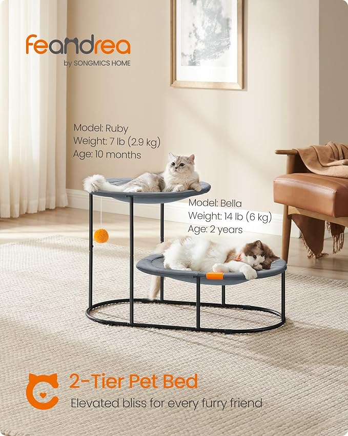Feandrea 2-Tier Elevated Cat Hammock Bed, Breathable Furniture for Multi-Cat Households Indoor and Outdoor, with Removable Washable Mesh, Steel Frame, for Summer, Dove Gray UPCB012G01