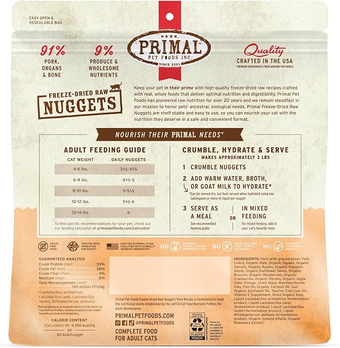 Primal Freeze Dried Raw Cat Food Nuggets Pork, Complete & Balanced Meal or Topper, Premium, Healthy, Grain Free, High Protein Raw Cat Food with Probiotics (14 oz)
