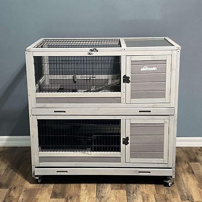 Rabbit Hutch Indoor Outdoor Bunny Hutch Pull Out Tray Guinea Pig Cage with Bottom Wire-Netting, On Wheels (Gery) 39.4" L x 24.6" W x 39" H