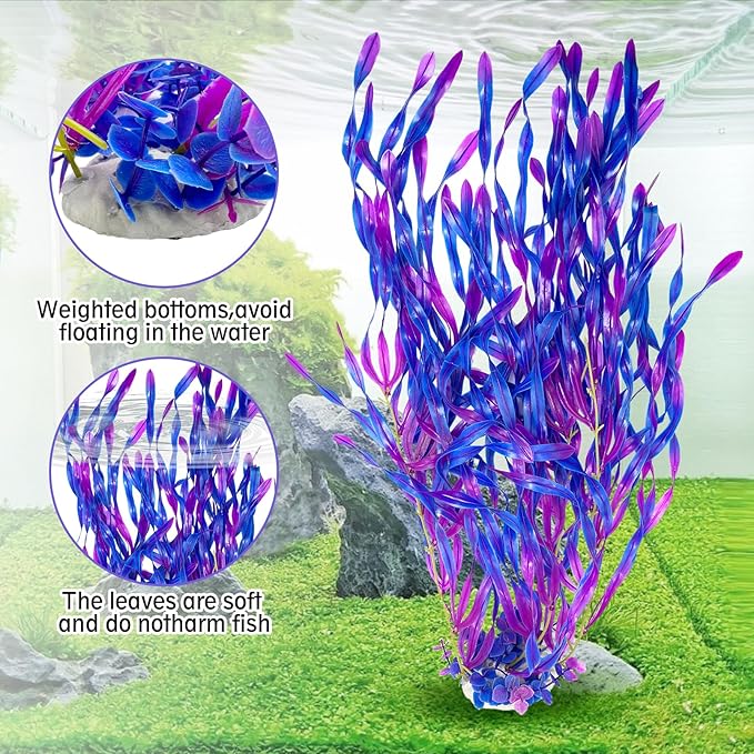 Hamiledyi Tall Aquarium Plants 23 Inches - Fish Tank Decorations, Artificial Green Water Plants Grass Cluster, Soft Plastic Fake Decor 2PCS(Purple Style C)