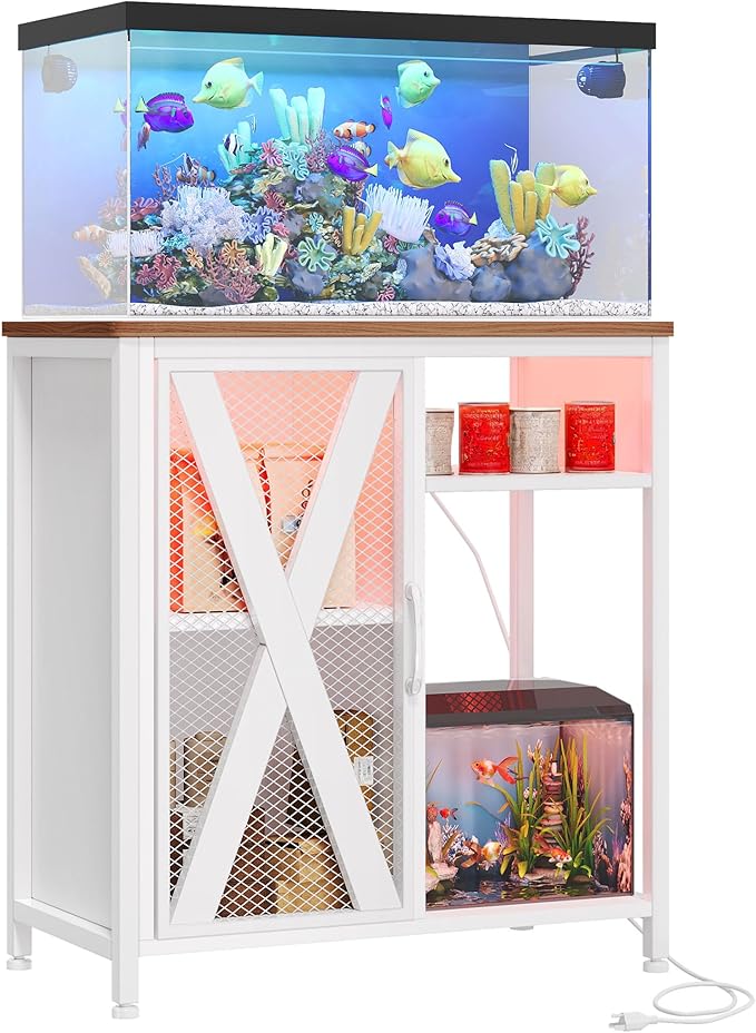 YITAHOME Fish Tank Stand with Power Outlets & LED Light, 20-29 Gallon Metal Aquarium Stand with Cabinet for Fish Tank Accessories Storage for Turtle, Reptile Terrarium, 350LBS Capacity, White