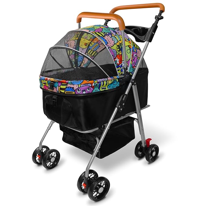 Pet Stroller with Storage Basket and Cup Holder, Folding Dog Jogger, Foldable Cat Stroller, 3 in 1 Puppy Kitten Cart, Pet Jogger for Medium Dog Cat (Magic Black)