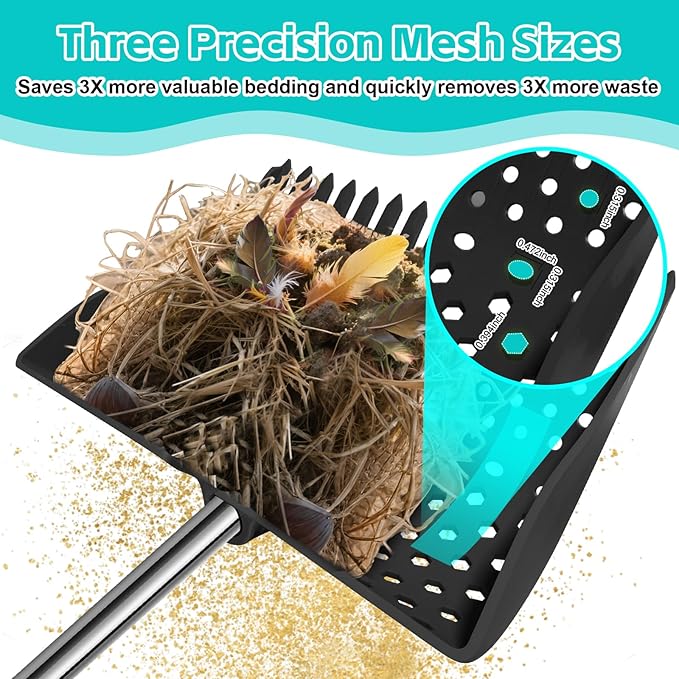 12-Inch 2-in-1 Chicken Poop Scooper & Rake – US Patent Pending – 3-Shape Sifting Holes Chicken Coop Rake,Stainless Steel Handle (20–61")– Litter Scoop Sand & Sifting Shovel for Chicken Coops (Black)