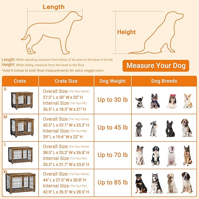 Lulive Small Dog Crate Furniture, Dog Kennel Indoor Double Doors Wooden Dog Cage, 27.1'' Heavy Duty Dog Crate with Cushion & Wheels, Decorative End Table Pet House Chew-Resistant for Small Dogs, Grey