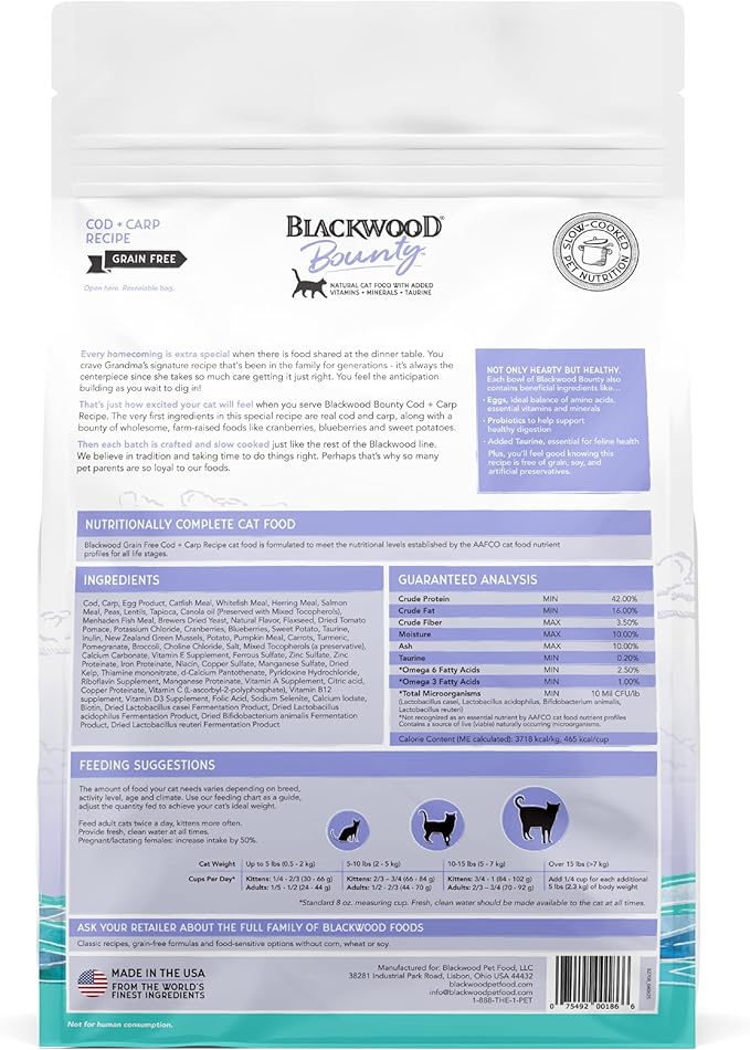 Blackwood Bounty Dry Cat Food, Cod & Carp Recipe for All Life Stages, 10 Pound Bag, High Protein, Grain Free