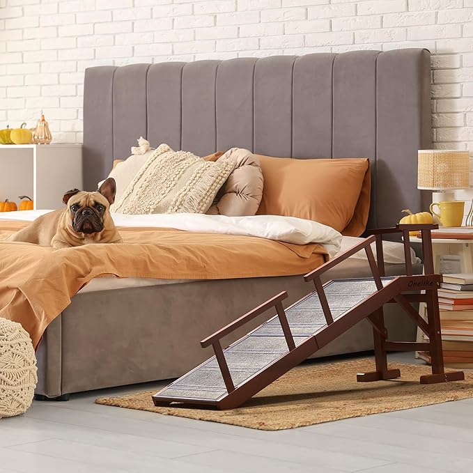 Onelike Wooden Dog Ramp for Bed with Removable Side Rail and Non-Slip Carpet, Stable Pet Ramp Stair for Couch Sofa for Small & Large & Senior Dogs, 60" Long Ramp Brown
