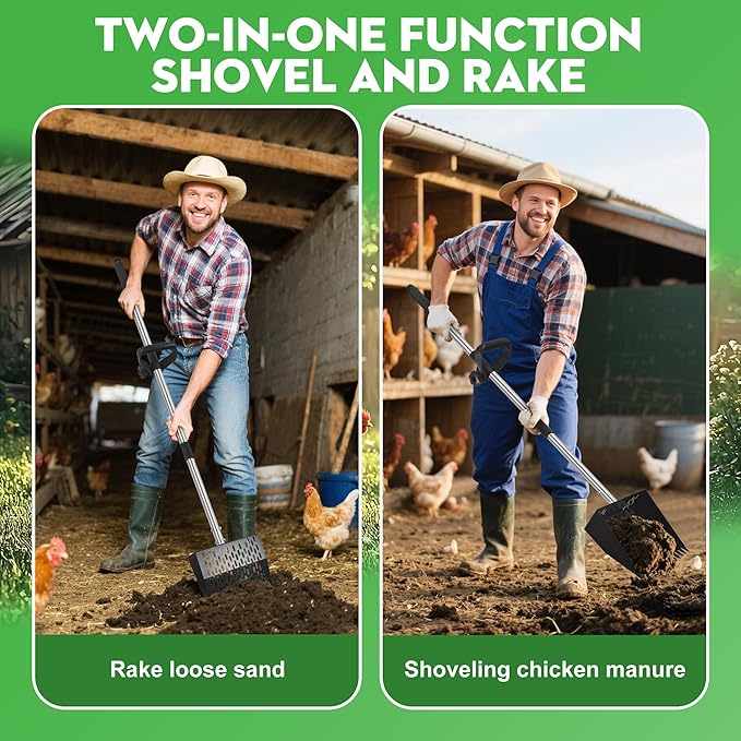 2-in-1 Chicken Poop Scooper & Rake - Adjustable Chicken Coop Scoop with Handle(39、53、67 in),Stainless Steel Shovel Head- Litter Scooper Sand & Sifting Shovel for Chicken Coops