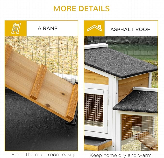 PawHut 90.5" Wooden Rabbit Hutch Bunny Cage Pet Playpen House Enclosure with Double Side Run Boxes, No Leak Tray, Ramp, for Rabbits, Chickens, Ducks, Guinea Pig and Small Animals, White