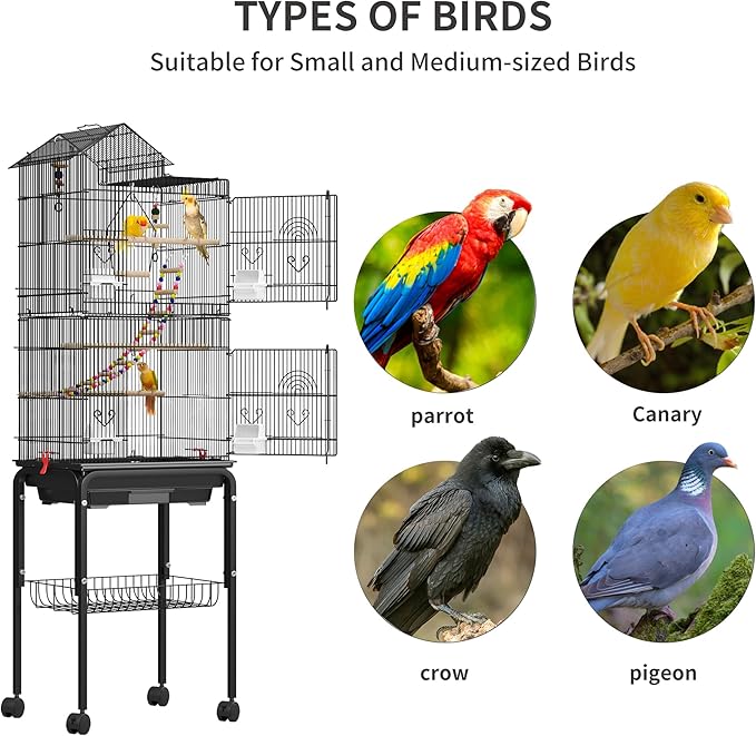 YITAHOME 62 Inch Large Bird Cage - Metal Flight Cage with Rolling Stand, Feeding Doors & Hanging Accessories for Parrots Cockatiels Conures Lovebirds Parakeets Small Birds