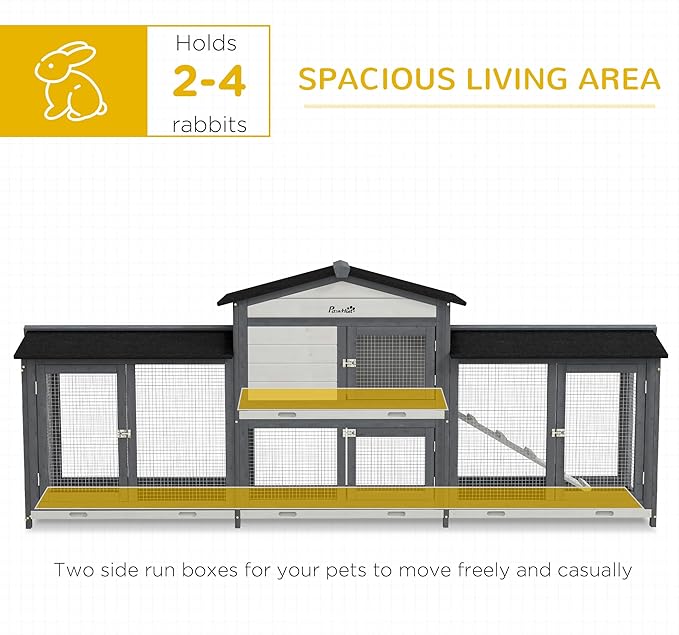 PawHut 90.5" Wooden Rabbit Hutch Bunny Cage Pet Playpen House Enclosure with Double Side Run Boxes, No Leak Tray, Ramp, for Guinea Pig and Small Animals, Light Gray