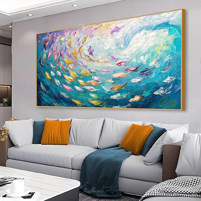 Fish Canvas Wall Art, Abstract School of Fish Canvas Wall Art, School of Fish Painting Canvas, School of Fish Wall Art, Fish Wall Decor, Fish Pictures Wall Decor, Bedroom Canvas Wall Decor (Black Framed, 30"x17" | 76x43cm)