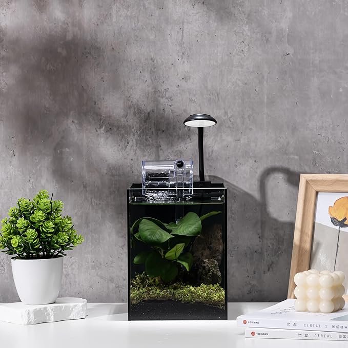 Nano Aquarium Kit,1.5 Gallon Rimless Small Glass Tank with Filter, Aquarium Light, and Aquascaping Decorations, for Home and Office (Black Tank - Rock, Small)