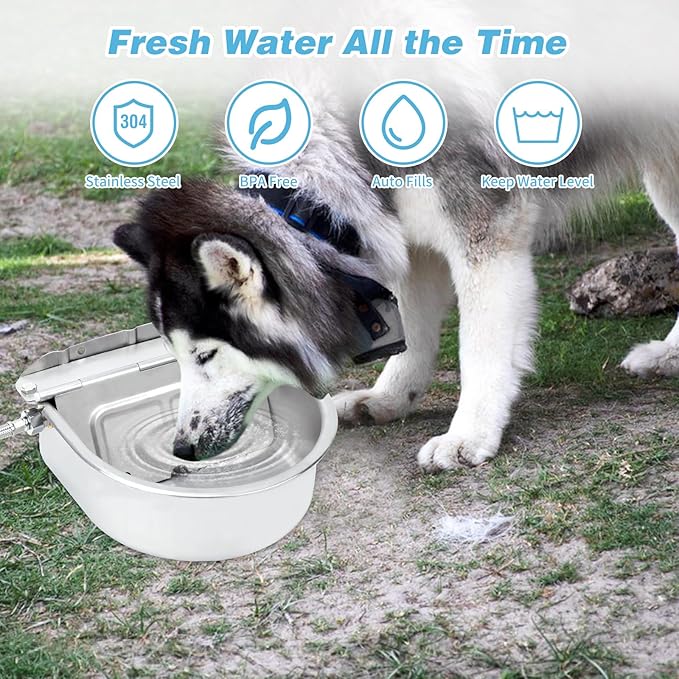 FHTONGE 304 Stainless Steel Automatic Dog Water Bowl Dispenser with Drainage and Float Valves, Large Auto Fill Dog Waterer for Outdoor Big Dogs Livestock Poultry Horse Cow Goat Pig Chicken Duck Rabbit