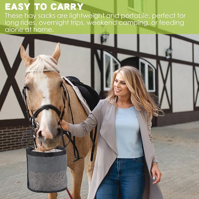 2 Pcs Horses Feed Horse Bag for Grain Hay Bags Heavy Duty Mesh Horse Feeder with Adjustable Strap Comfort Neck Pad Nose Pad and Waterproof Bottom Muzzle(Gray)