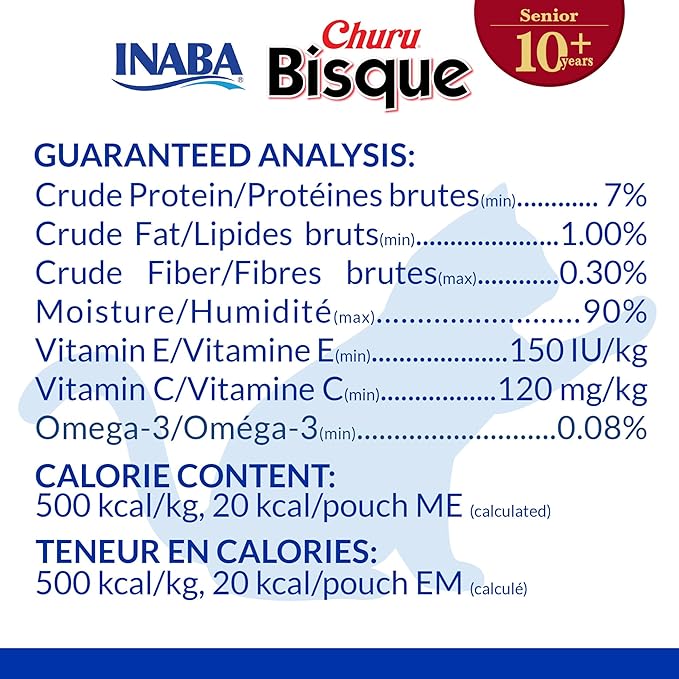 INABA Churu Bisque for Cats Senior 10+, Creamy Purée Side Dish Pouch, 1.4 Ounces per Pouch, 12 Pouches Total, Tuna with Salmon Recipe