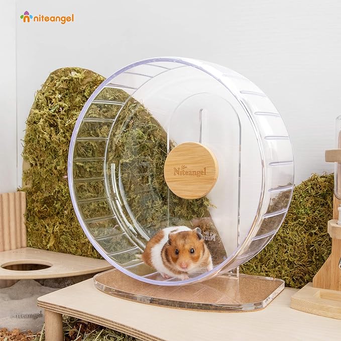 Niteangel Super-Silent Hamster Exercise Wheels - Quiet Spinner Hamster Running Wheels with Adjustable Stand for Hamsters Gerbils Mice Or Other Small Animals (M, Transparent)