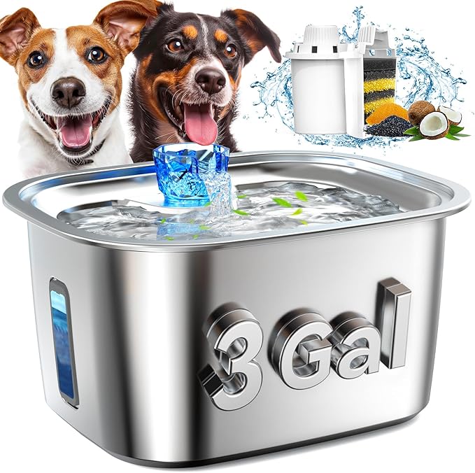 Dog Water Fountain for Large Dogs Stainless Steel, 3Gal Extra Large Dog Water Bowl Dispenser with 2 Filters & Visual Window, Automatic Filtered Pet Fountain Indoor, Quiet Safe Pump with LED Indicator