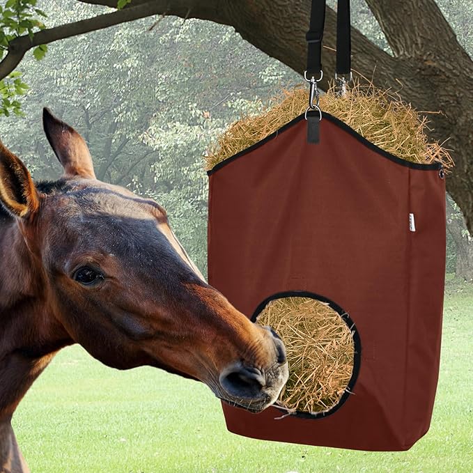 3 Packs Goat Hay Feeder,Hay Bags for Goats,Horses,Sheep,Premium 600D Oxford Cloth,with Metal Fastener and Adjustable Open Feed Hole for Slow Feeding. (2Brown + 1Black)