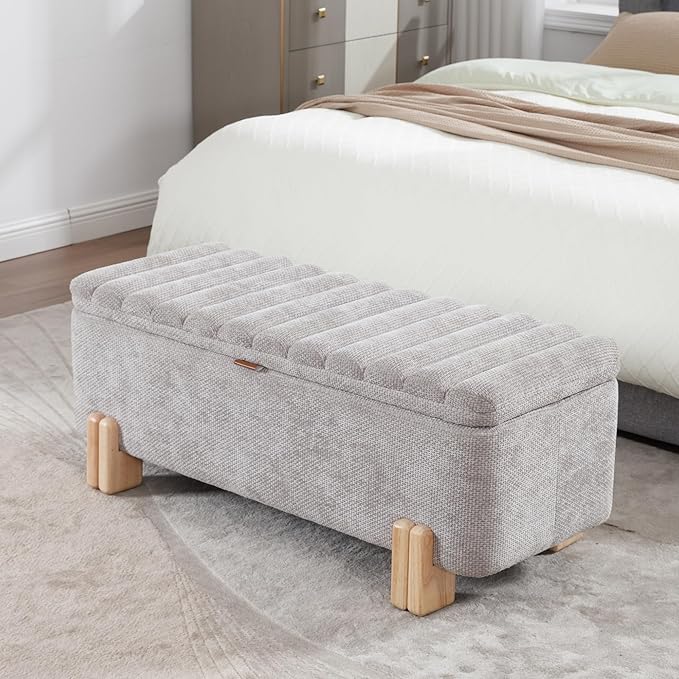 Wavy Ottoman Storage Bench Multi-Functional Narrow Entryway Bench Elegant End of Bed Bench with Storage and Safty Hinge for Living Room Entryway Hallway Bedroom Boutique, Grey