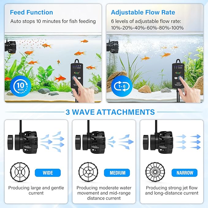 hygger Aquarium Wave Maker for 10-20 Gallon Fish Tanks, Adjustable DC Power Heads for Aquarium with Controller, Aquarium Circulation Pump With Magnetic Base for Saltwater Freshwater Tank 790 GPH