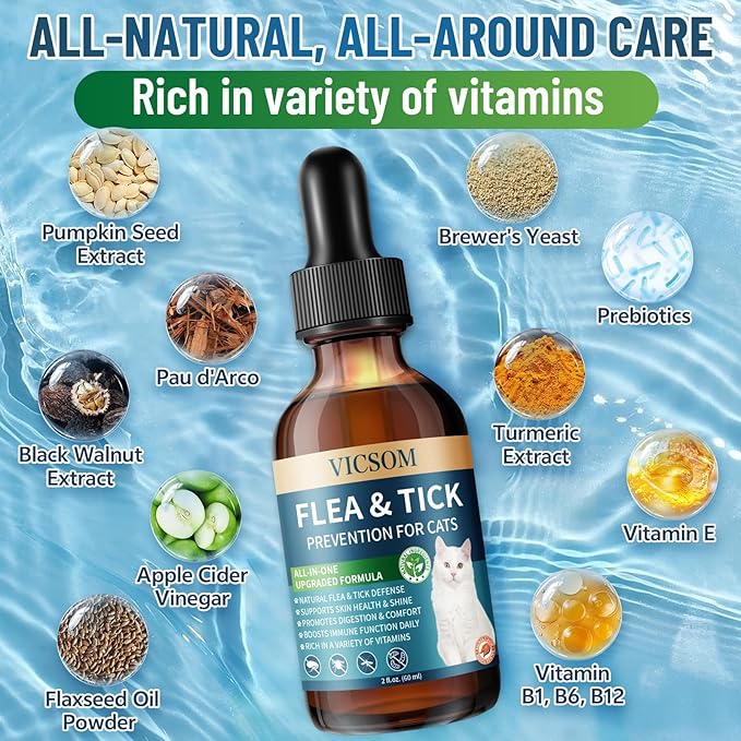 Natural Flea and Tick Prevention for Cats, Herbal Cat Flea and Tick Treatment Support Drops Flea Support with Prebiotics Probiotics for Cats Kitten - Ideal for Sensitive Cat - Salmon Flavor