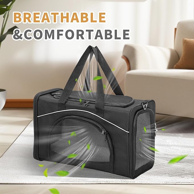Petsfit Airline Approved Pet Carrier for Small Dogs & Cats, 19x9x12 TSA Approved Carrier, with Removable Dual-Sided Padding (2-Way Placement) - Fits Under Most Airplane Seats, Escape Proof (Black)