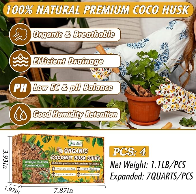 Zeedix 4 Pack Coco Husk Chips for Plants(4.4LB), 100% Organic Coconut Chips Mulch with Low EC & PH Balance, All Purpose for Indoor Plant Flowers Herbs Vegetables, Reptiles Terrarium Tanks Substrate