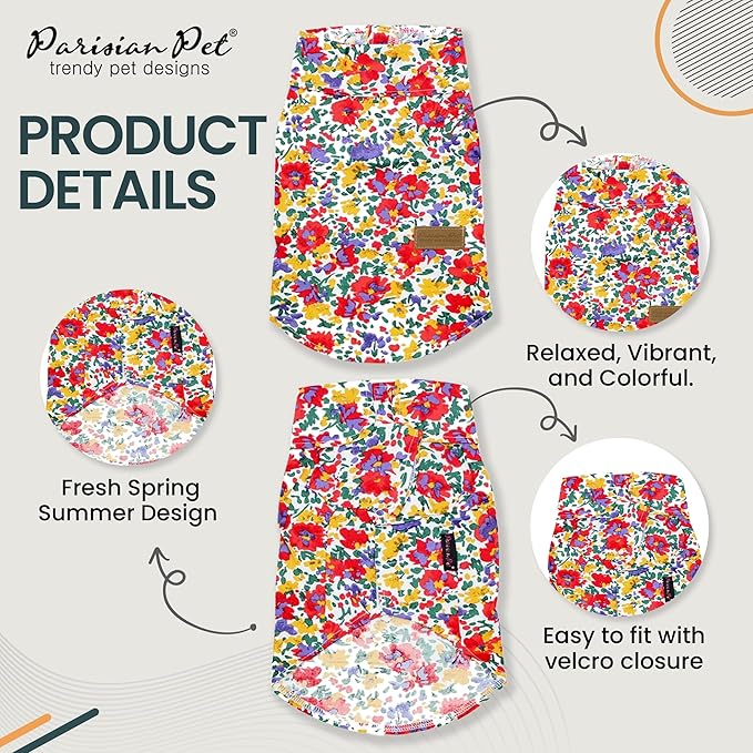 Parisian Pet Floral Pattern Dog Shirt - 100% Cotton Summer Clothes - Stylish Beach Outfit - Hook and Loop Closure - Machine Washable - XL3