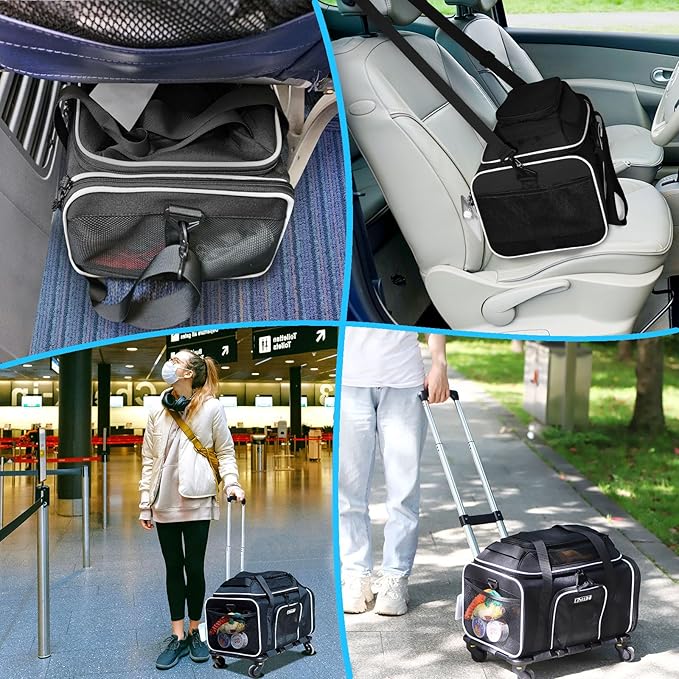 Petskd Top-Expandable Pet Carrier with Wheels 18x13x9.5 Inches Southwest Airline Approved, Soft-Sided Carrier for Small Cats Dogs with Locking Safety Zippers and Anti-Scratch Mesh(Black)