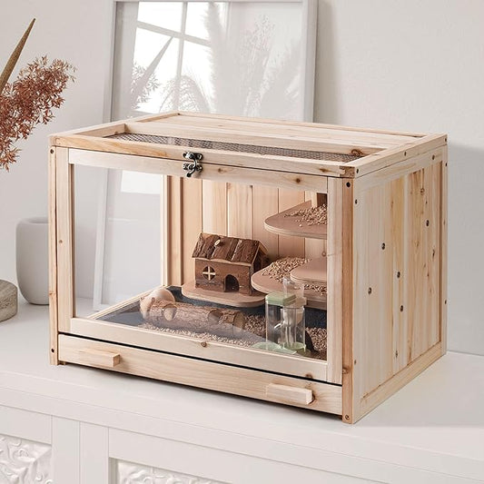 Wooden Hamster Cage, Animal Cabinet for Dwarf Syrian Hamsters Transparent Hamster Cage, Small Animal Cage, Suitable Guinea Pig,Rodents, Hamster Habitats Enclosure, Habitats with Ladder