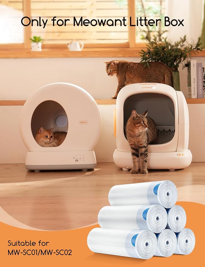 MeoWant Cat Litter Box Liner -120PCS Heavy Duty Drawstring Trash Bags for MeoWant MW-SC01/MW-SC02 Automatic Self-Cleaning Boxes, Extra Thick Leakproof, 6 Rolls (20 Bags/Roll)