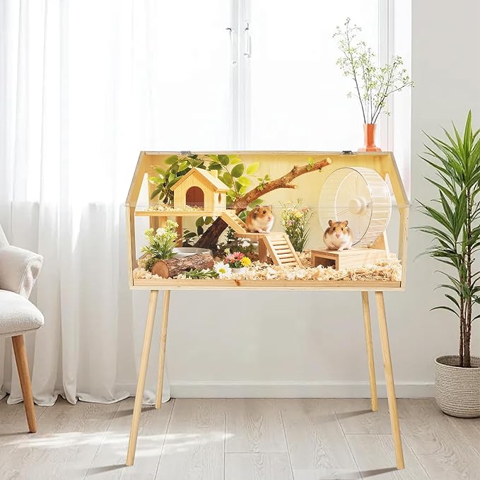 Hamster Cage with Legs, 32" L x 16" W x 40" H Large Hamster Habitats Enclosure with Acrylic Window & Openable Top,Small Animal Cage Chew Proof for Guinea Pig, Chinchilla, Gerbil