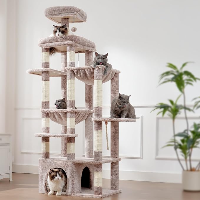 Heybly Heavy Duty Cat Tree, 71-Inch Tall Tower for Large Maine Coon with Extra-Large Baseboard, Cat Condo Furniture with Multi-Level Platforms, 2 Hammocks and 12 Scratching Posts, Muchroom HCT037MU