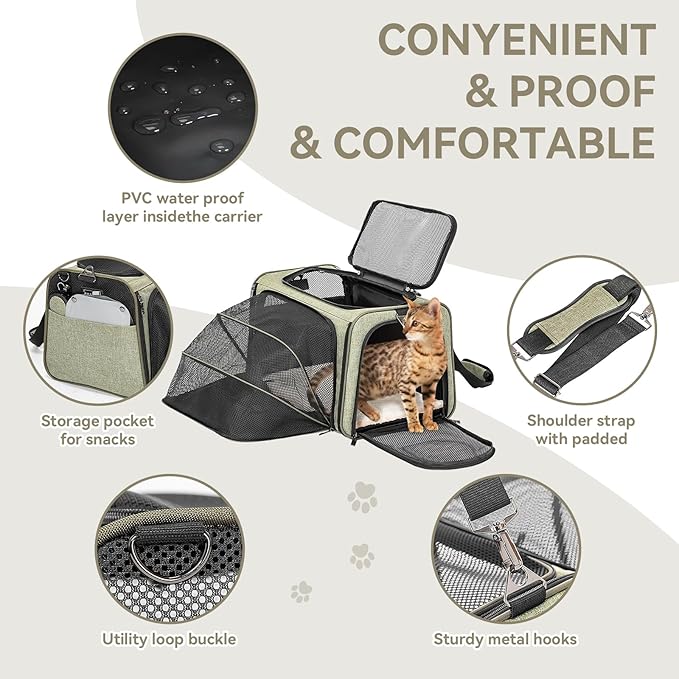 Petsfit Expandable Rabbit Carrier Cat Carriers, 16 Inch Airline Approved Pet Carrier with 2 Extensions, Soft Washable Cushion, Self-Locking Zipper Head, Built-in Safety Rope, Fit for Travel