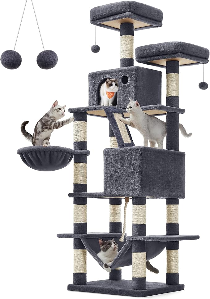 Feandrea Cat Tree, 66.1-Inch Large Cat Tower with 13 Scratching Posts, 2 Perches, 2 Caves, Basket, Hammock, Pompoms, Multi-Level Plush Cat Condo for Indoor Cats, Smoky Gray UPCT165G01